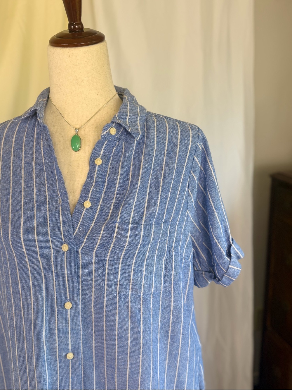 Linen Blue Striped Short-Sleeve Button-Down Shirt Dress Old Nave S - Picture 3 of 5